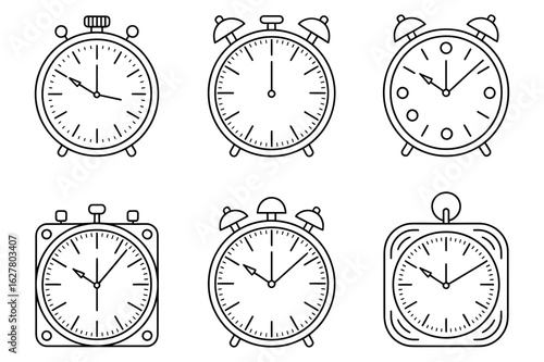 Illustration of six clock icons in black outline showing different clock designs and times