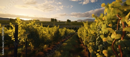 detailed landscape, scenic vineyard at sunset, rolling hills, lush green foliage, vibrant colors, dramatic sky, picturesque countryside, serene atmosphere, panoramic view, beautiful nature, summer sce