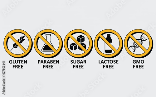 A set of five circular warning signs with yellow borders and black prohibition symbols in the center, arranged horizontally.  