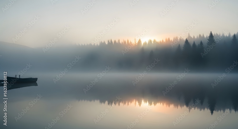 Fototapeta premium Tranquil sunrise over a misty lake with a forest reflection