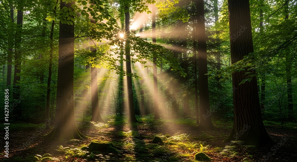 Fototapeta premium Golden sunbeams streaming through a lush green forest canopy