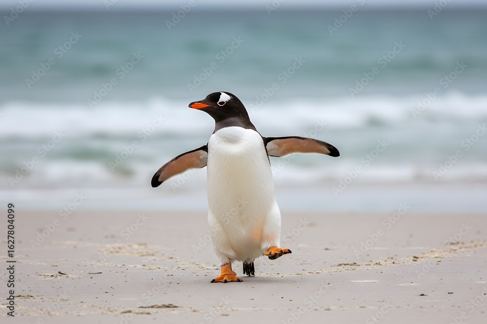 Naklejka premium white belly, orange feet. King Penguin Aptenodytes patagonicus Chicks in Creche in the rain.a Gentoo penguin standing on a sandy beach, wings outstretched and one leg raised. penguin has a black head,