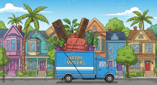 Cartoon Moving Truck, Tropical Neighborhood, Furniture