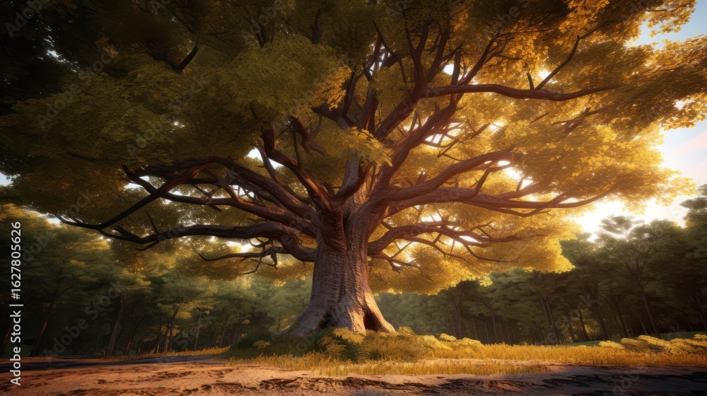 Fototapeta premium detailed, photorealistic, gigantic oak tree with twisted branches reaching up to a dramatic stormy sky, golden sunlight filtering through the leaves, lush greenery and fallen leaves on the ground, int