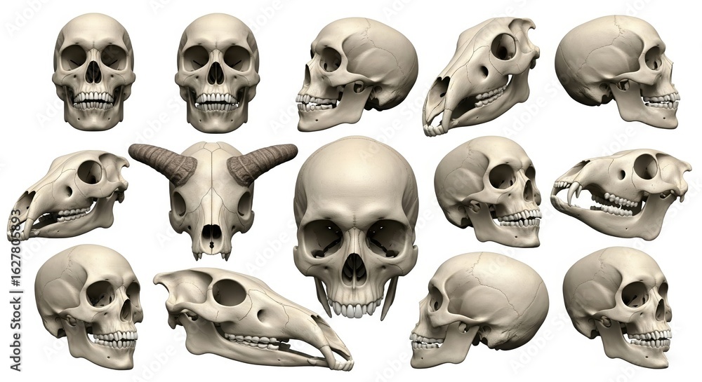 Obraz premium Collection of Animal and Human Skulls 3D Render
