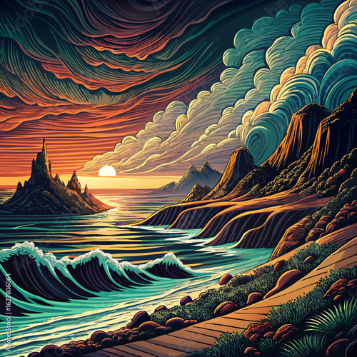 Dramatic Sea Beach Line Art Sketch Vector