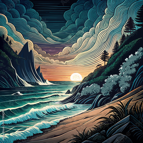 Dramatic Sea Beach Line Art Sketch Vector