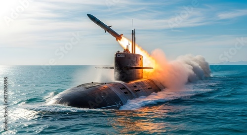Ohio Class SSBN Vertical Missile Launch Over Blue Ocean with Sunrise and Fiery Plume