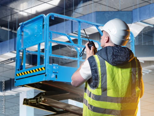 Man worker with walkie-talk...