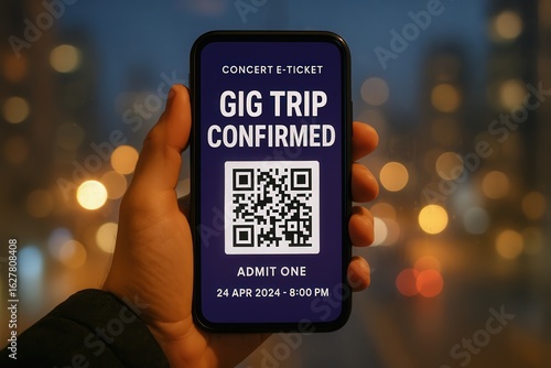Hand holding smartphone with concert e-ticket and QR code against blurred city lights