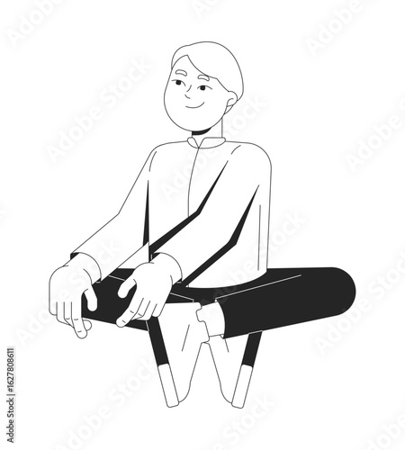Smiling boy with blond hair sitting cross-legged 2D line character. Caucasian young male child crosslegged looking calm and relaxed isolated vector ink outline person. Monochromatic spot illustration