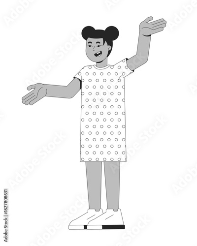 Happy black girl with two space buns and open arms 2D line character. African american female child in polka-dot dress and sneakers isolated vector ink outline person. Monochromatic spot illustration