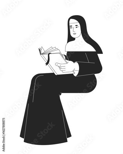 Catholic nun reading holy book attentively 2D line character. Devotion, spiritual learning. Devout sister pious woman with Bible isolated vector ink outline person. Monochromatic spot illustration