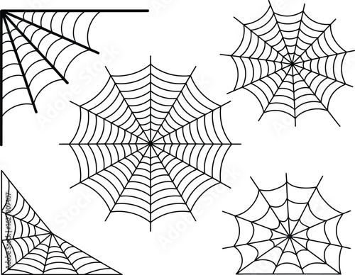 A collection of various spider web designs in black and white. Vector illustration set of different cobweb shapes for Halloween decoration.