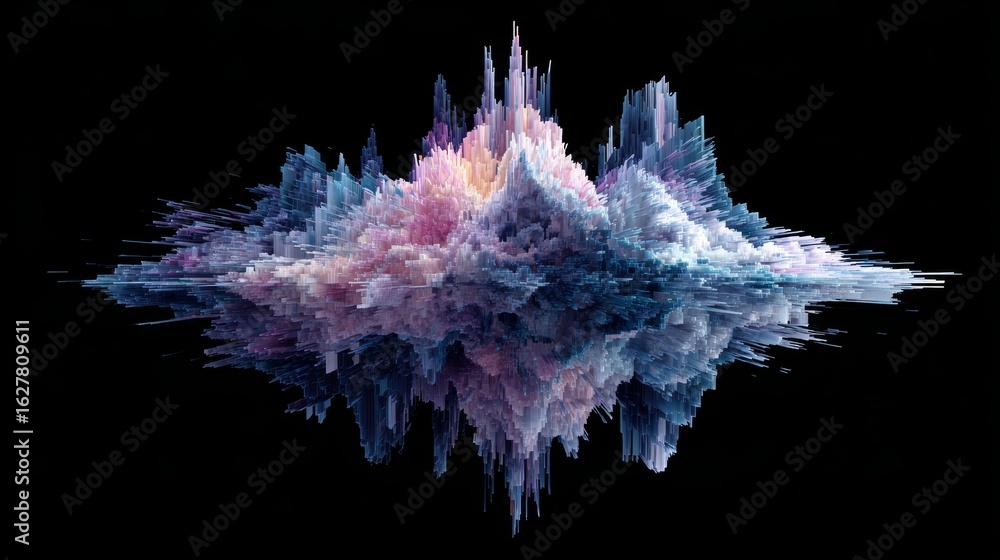 Naklejka premium Abstract Colorful Waveform Landscape with Reflection on Black Background