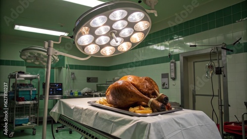 Surgical table with roasted turkey under bright operating lights  