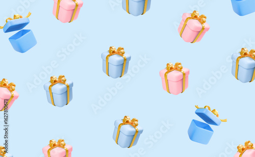 Gift boxes falling background., Birthday celebration concept. 3d realistic open gift box, blue and pink gifts with gold ribbon floating on blue background. Vector illustration