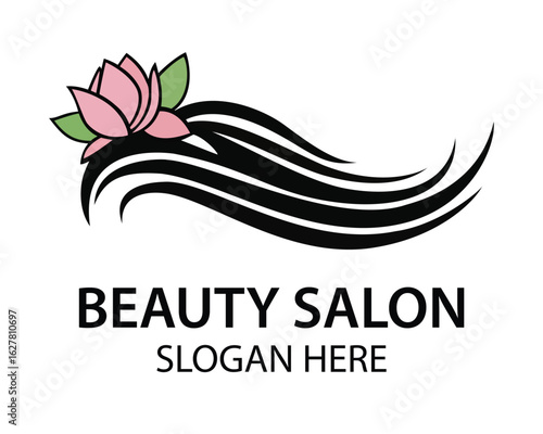 A beauty salon logo featuring flowing hair and a pink lotus flower, ideal for hair stylists, spas, and cosmetic businesses