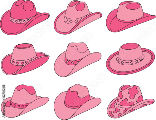 A collection of nine pink cowboy hats in a vector illustration set. Features various designs like hearts, stars, and cow print patterns.