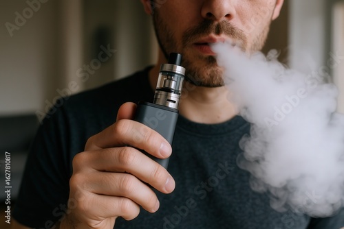 Obraz na płótnie Young man vaping indoors, exhaling thick cloud with e-cigarette