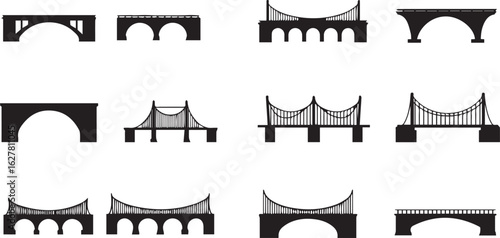 Collection of Twelve Black Silhouette Bridge Icons on White Background architecture structure