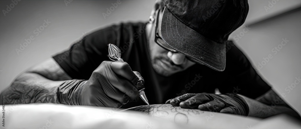 Fototapeta premium A tattoo artist carefully designs intricate body art, showcasing skill and creativity in a focused, monochromatic setting.