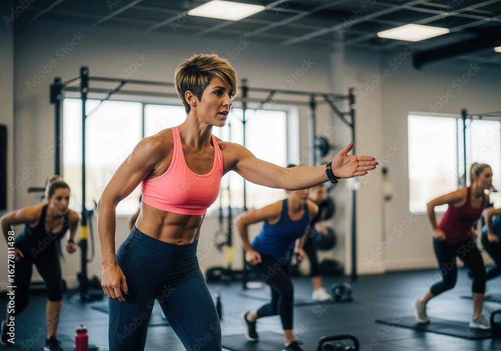 Fototapeta premium Energetic fitness instructor leading group workout in modern gym