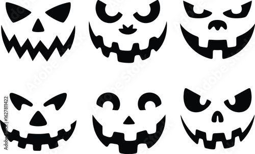 A collection of six black Halloween pumpkin carving templates featuring scary and spooky faces, isolated on a white background.