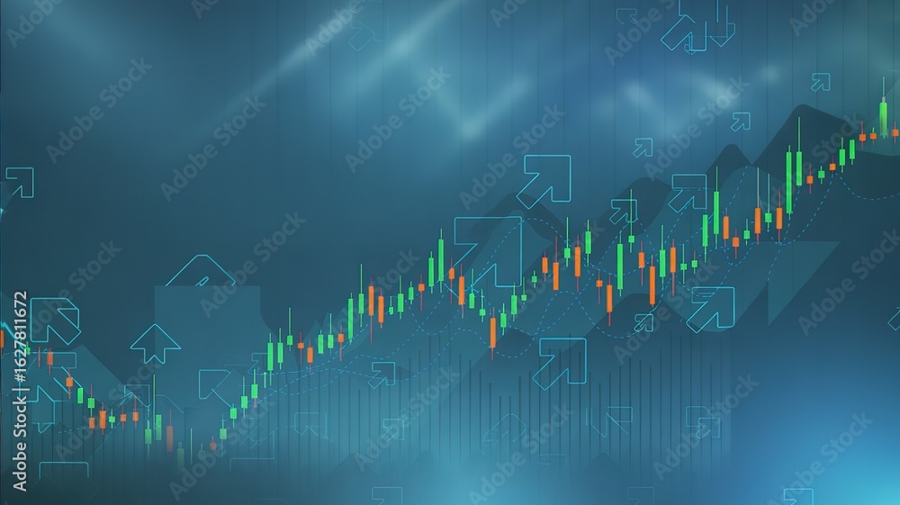 Obraz premium Financial market growth with candlestick chart and directional arrows