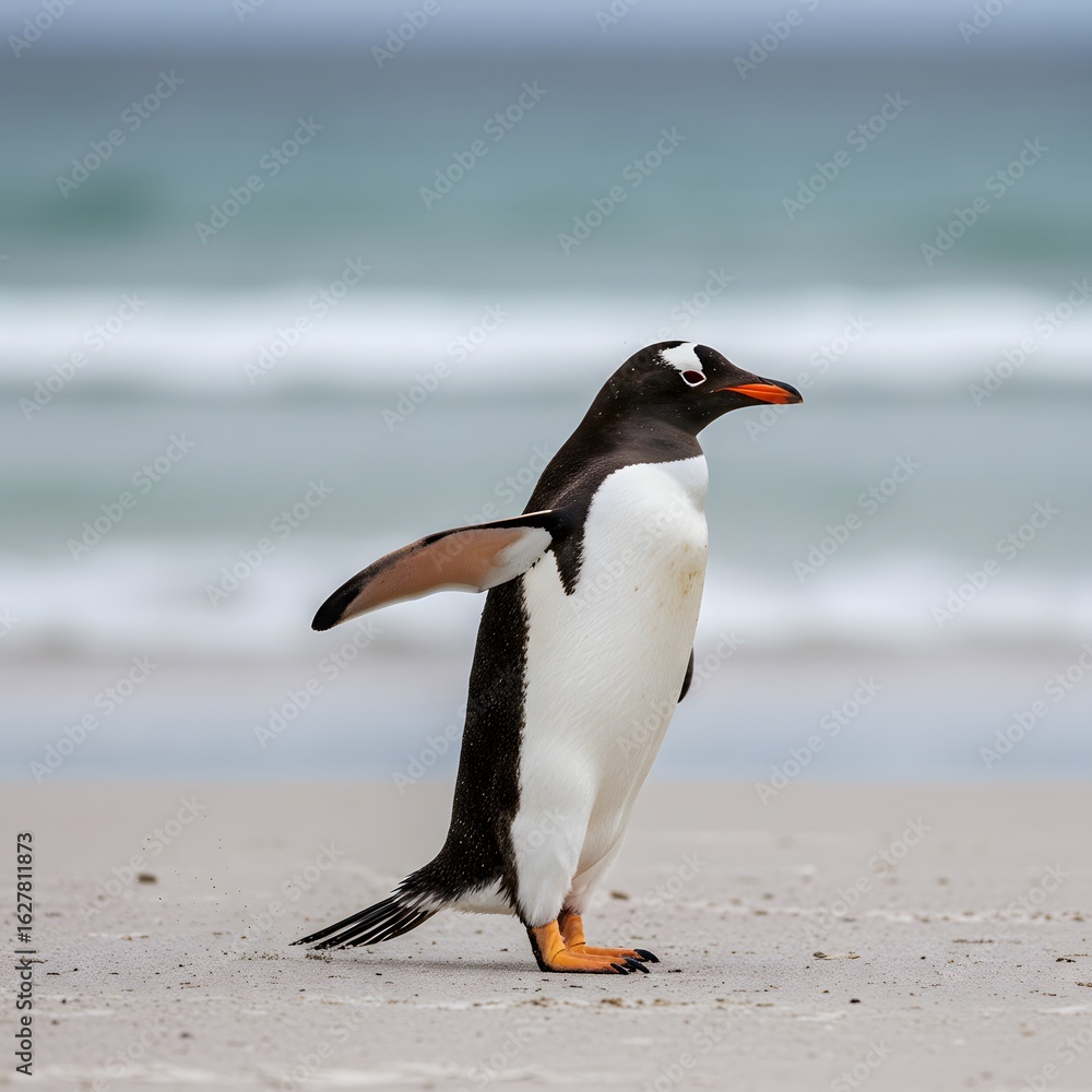 Naklejka premium King Penguin Aptenodytes patagonicus Chicks in Creche in the rain.a Gentoo penguin standing on a sandy beach, wings outstretched and one leg raised. penguin has a black head, white belly, 