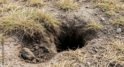 Burrow Entrance to Large Rat Nest in Backyard Soil Indicating Outdoor Infestation Problem