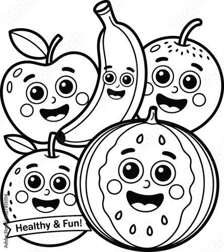 Group of happy fruits and banana with text healthy