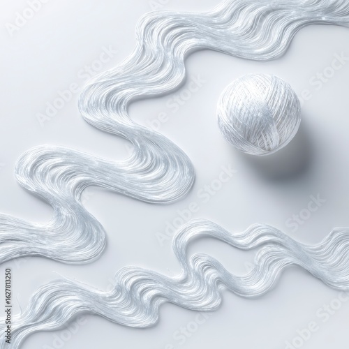 Abstract design of flowing white threads and a ball of yarn