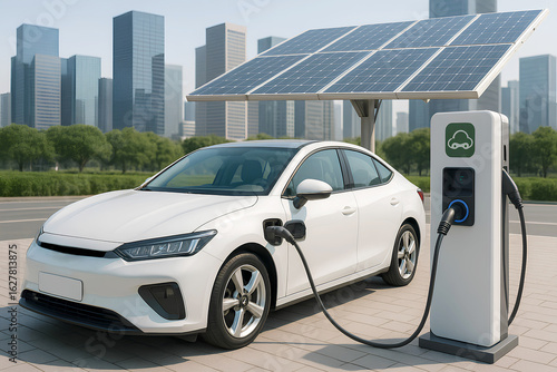 an electric car charging at a solar-powered station in a modern urban environment