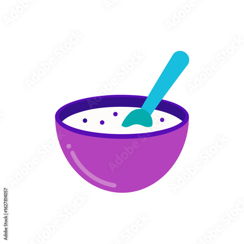 Purple bowl of cereal with spoon isolated on transparent background