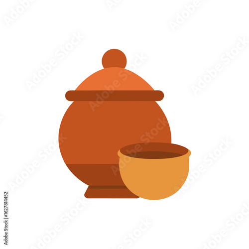 Clay pot and bowl with liquid isolated on transparent background