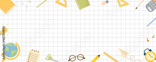 Vector school background with gridlines and school supplies. Includes globe, scissors, ruler, pen, and calculator. Perfect for back-to-school banners, educational posters, and student projects.