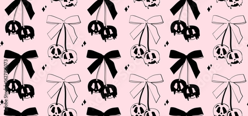 Seamless Halloween pattern with cherry-like dripping skulls tied with bows. Black and white silhouettes, icons. Vintage coquette aesthetic, cute spooky design for background, wallpaper, print, fabric.