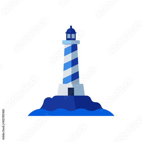 Blue and white striped lighthouse on a rocky island in the sea isolated on transparent background