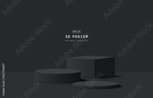 Clean 3D room with realistic cream 3d cylinder podium pedestal and cube box stage or product display stand. Product presentation podium. Design for product promote. 3d vector rendering.