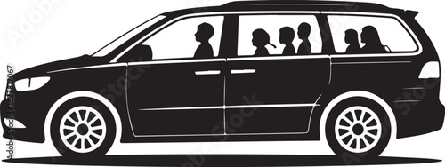 Family Van Trip Illustration with Silhouetted Passengers and Clean Automotive Design