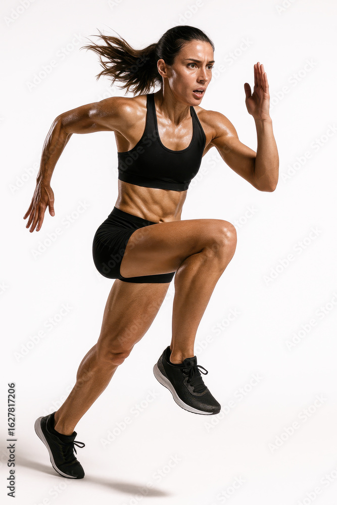 Fototapeta premium Photorealistic full-body female sprinter isolated on white mid-stride with intense expression. Concept of summer sport, fitness advertising, athlete energy, performance training.