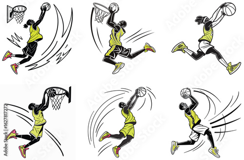 Dynamic Basketball Player Dunking Silhouette Set with Motion Lines slam dunk jump