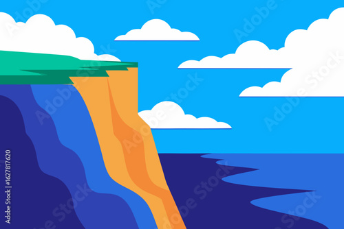 Vibrant flat illustration of a coastal cliff overlooking a calm blue ocean