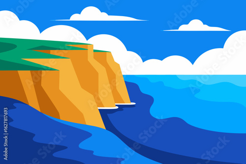 Stylized illustration of a green cliff overlooking a vibrant blue ocean under a clear sky