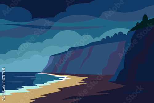 Stylized illustration of a dark moody beach with dramatic cliffs and cloudy sky