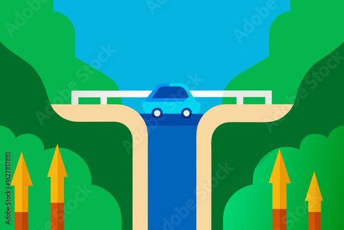 Modern blue car drives across a bridge over a blue river surrounded by green hills