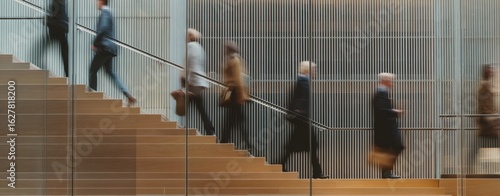 The bustling staircase filled with professionals in a modern office setting.