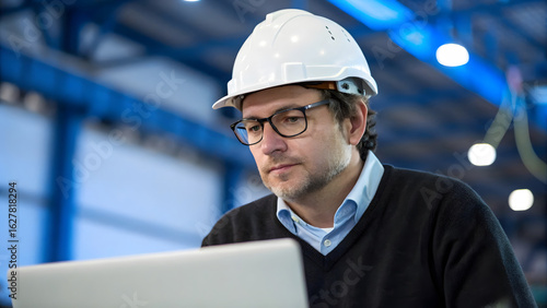 Man in Hard Hat and Glasses Working on Laptop in Industrial Factory Setting worker engineer