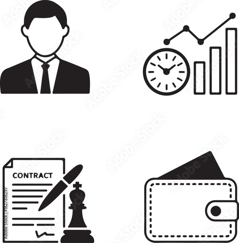 Business icons set representing strategic planning contract negotiation time management and financial investment for successful corporate strategy growth